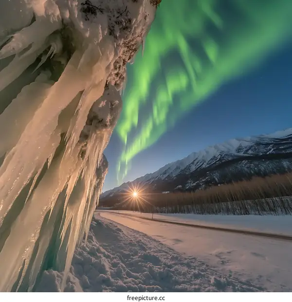 Northern Lights Over Snowy Mountain Range With Icicles