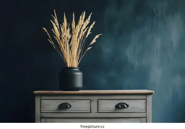 Dried Flowers in Vase on Rustic Wooden Table against Teal Wall