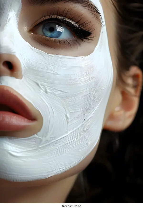 Close-up portrait of a young woman with a white facial mask on her face