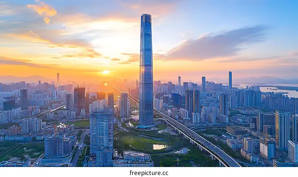 Sunrise Over a Modern Cityscape with Iconic Skyscrapers