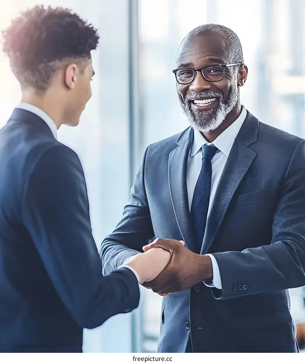 Smiling Businessman Shaking Hands with a Young Colleague