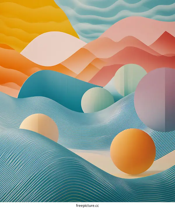 Abstract 3D Illustration with Geometric Shapes and Wavy Pattern in Pastel Colors