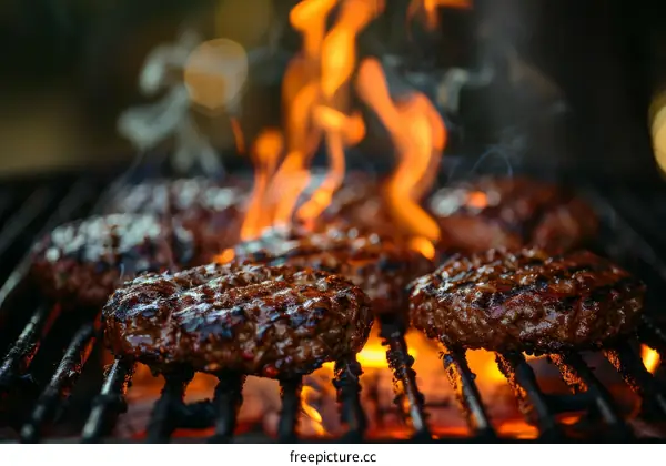 Beef patties sizzling on a flaming grill