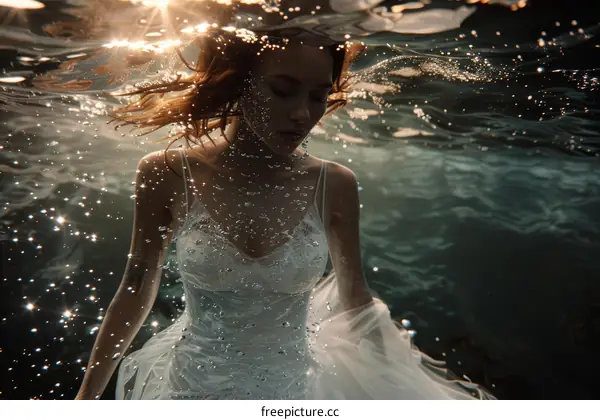 Woman in White Dress Floating Underwater