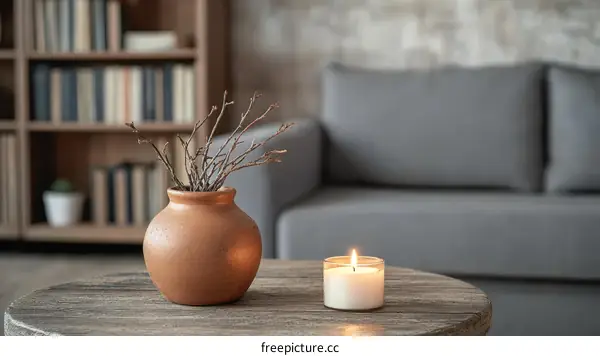 Cozy Living Room Interior with a Candle and Vase