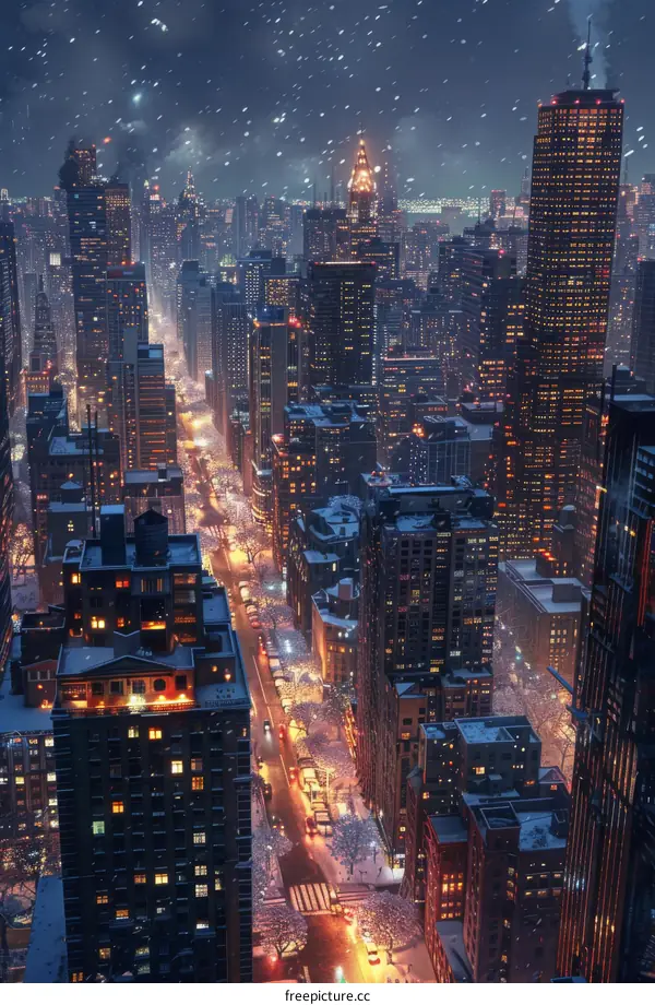 Winter Night Cityscape in Snow