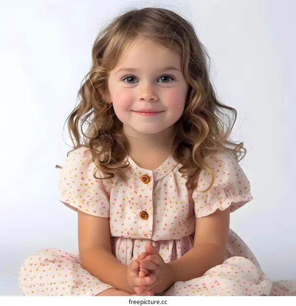 Little girl with blonde curly hair wearing pink floral dress