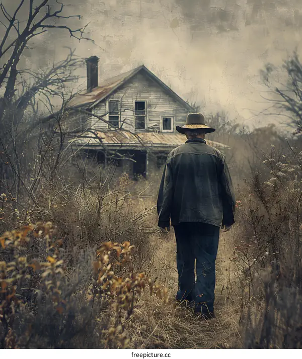 Man walking towards an abandoned house
