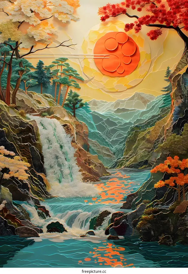 The sun shines over the mountains and waterfalls.