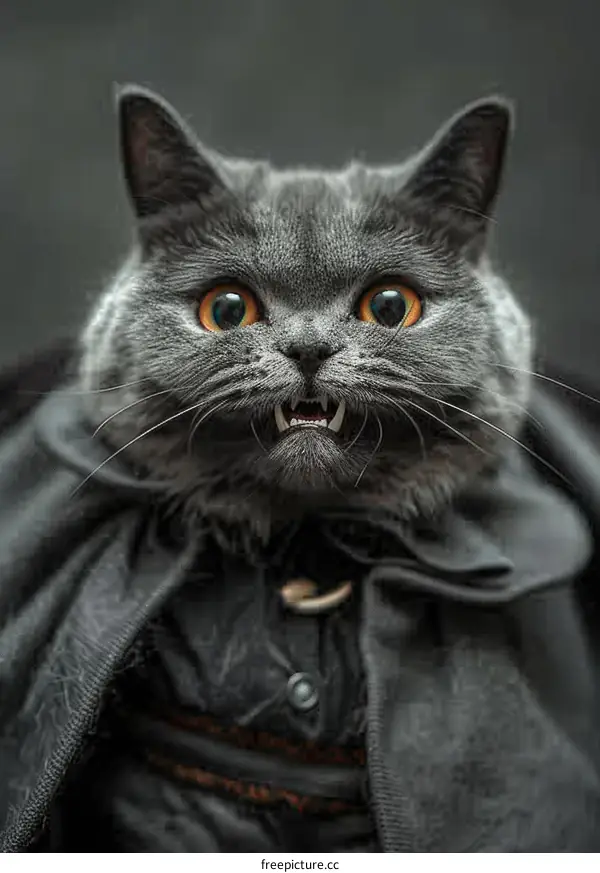 A gray cat wearing a black cape and collar with a white button