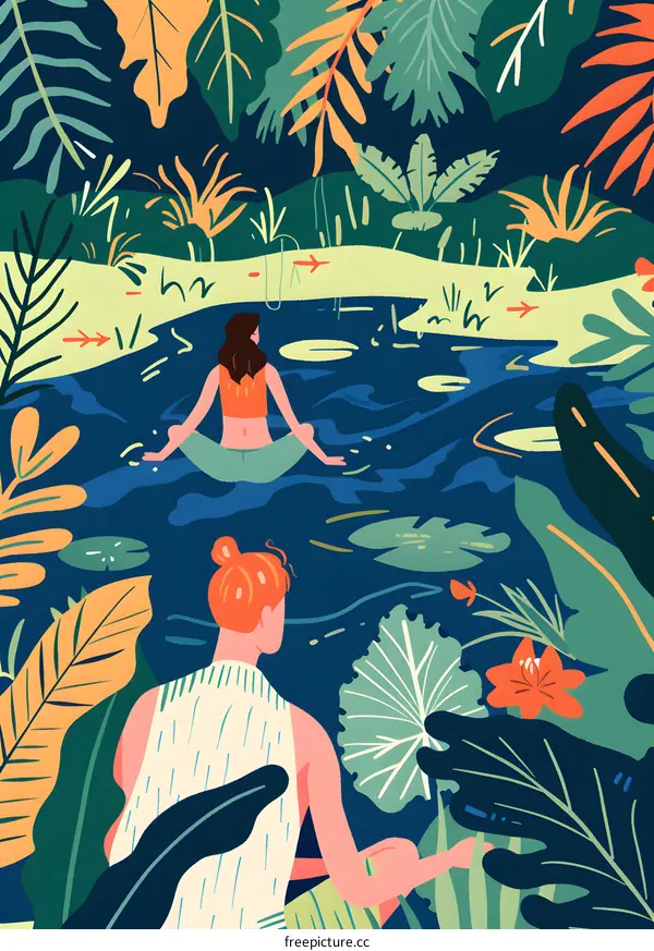 Two Women Sitting By a Lake in a Tropical Forest