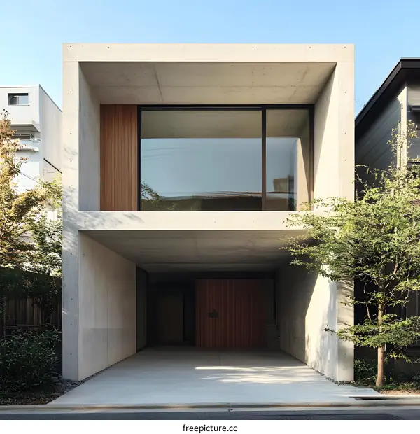 Modern Concrete House with Large Windows and Wooden Accents