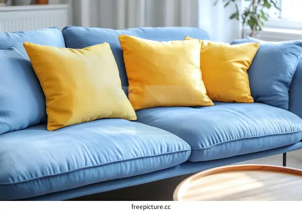 Blue Sofa with Yellow Cushions in a Modern Living Room