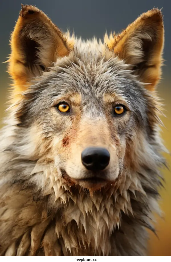 Portrait of a Wet Gray Wolf Staring at the Camera