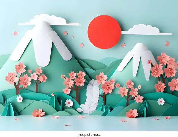Pink cherry blossom and green mountains