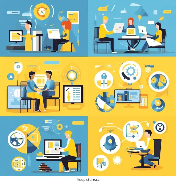 Illustration of people working together in an office