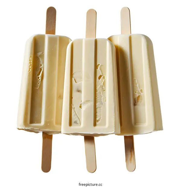 Three vanilla ice cream popsicles on white background