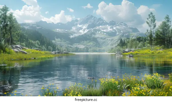 Mountain Lake with Yellow Flower Field