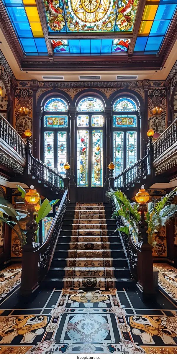 ornate interior of a building with stained glass windows and a grand staircase
