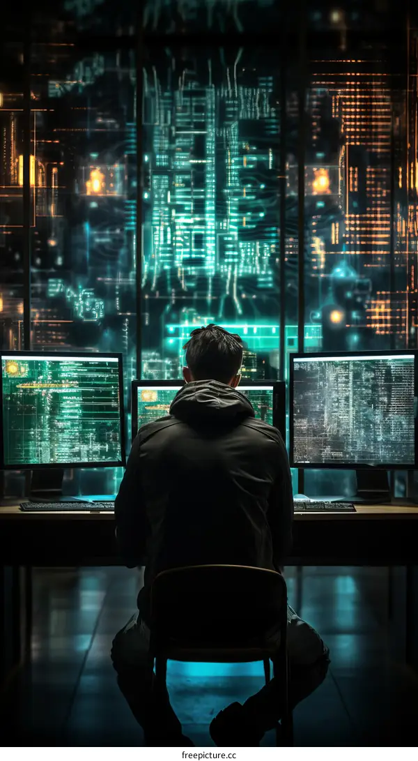 Hacker in a dimly lit room with multiple monitors