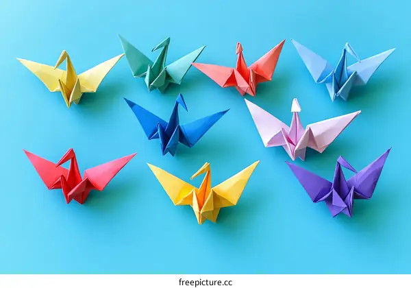 Colorful Origami Cranes on a Sky Blue Background