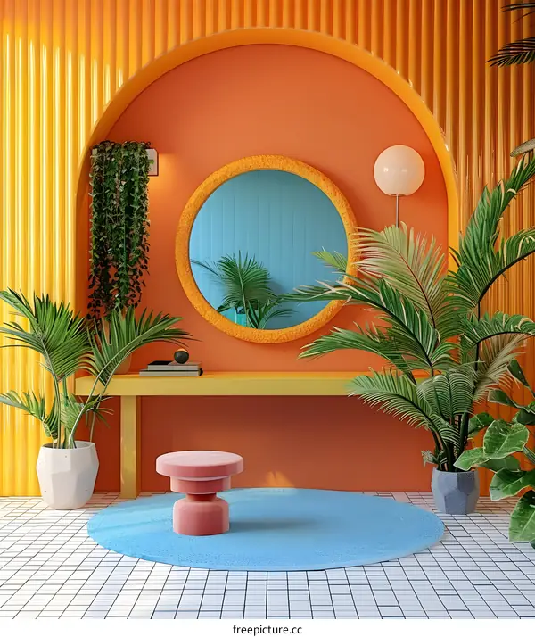 A 3D rendering of a room with a mirror, plants, and a stool