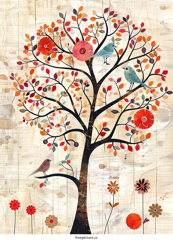 Tree with Birds and Flowers Illustration