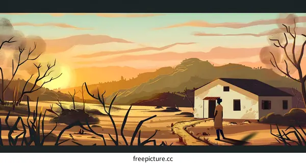 Silhouette of a Person Standing in Front of a House with Mountain View