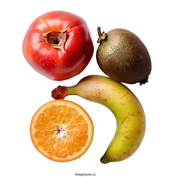 [Transparent Background PNG]Fresh Fruits Mix of Banana, Orange, Kiwi and Tomato