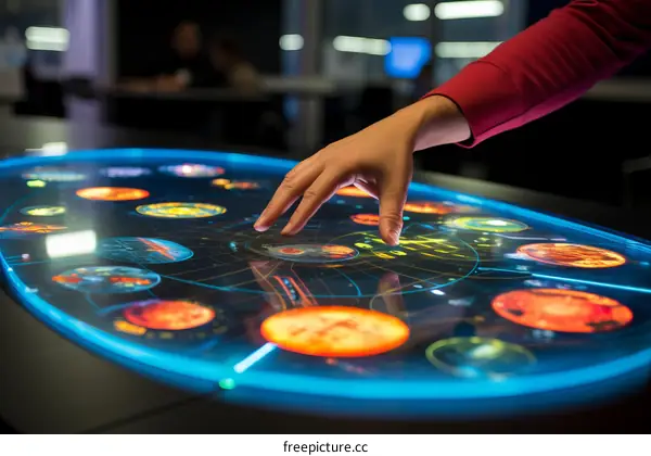 Person using a transparent interactive table with a touch screen