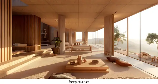 Modern Minimalist Home Interior Design With Wooden Walls And Large Windows