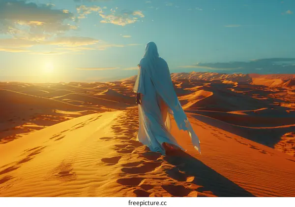 A person walking alone in the desert