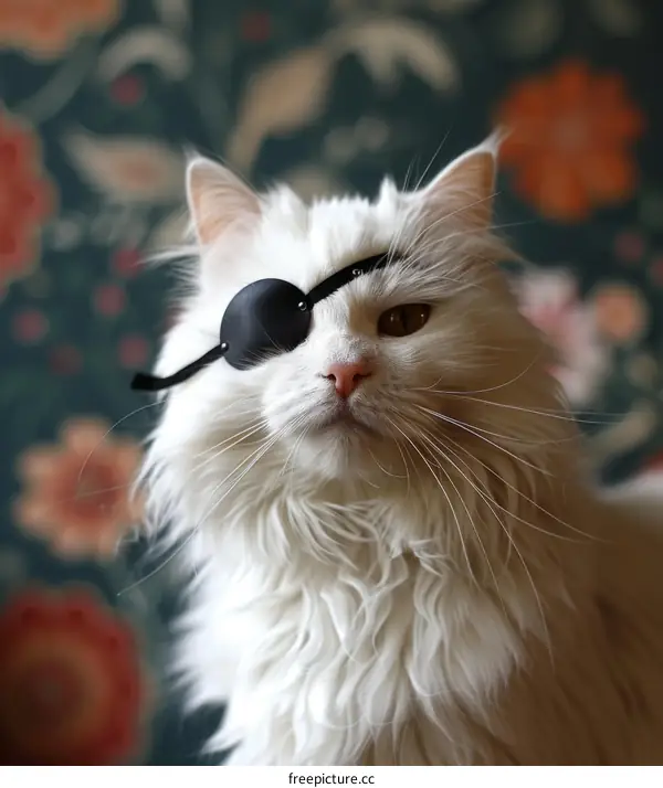 Portrait of a white cat wearing an eye patch