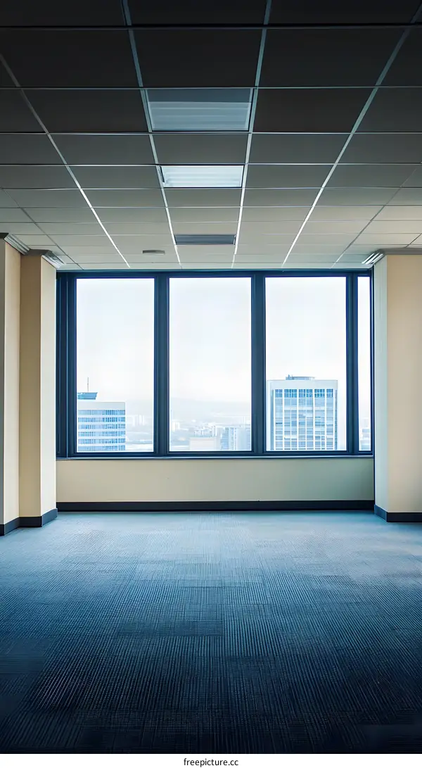 Empty Office Room with Window View of City Skyline