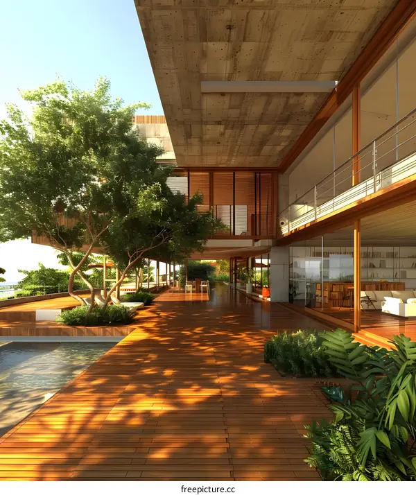 Modern house with wooden terrace and big tree