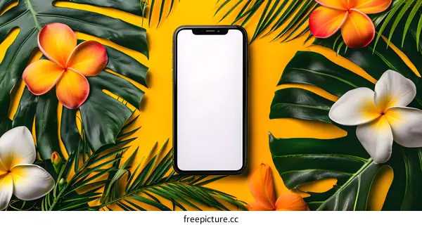 Tropical Leaves and Flowers Frame a Smartphone with Blank Screen
