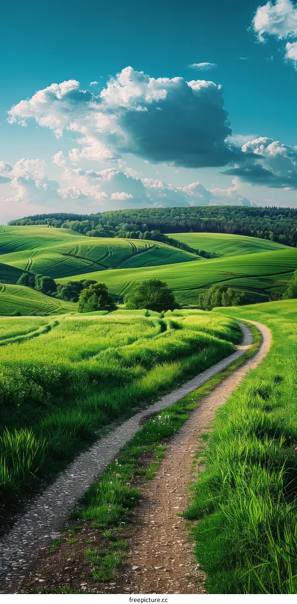 Dirt Road in Countryside with Verdant Slopes