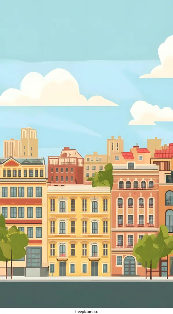 Cityscape Illustration with Colorful Buildings and Trees