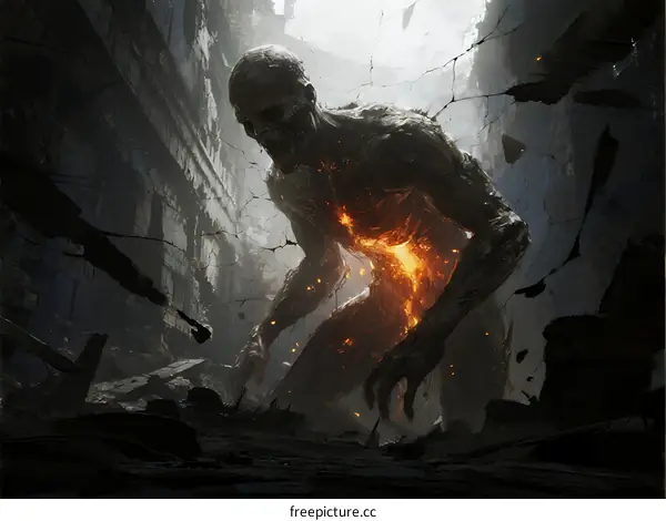 Burning Zombie Creature in Damaged Urban Environment After Apocalypse