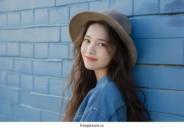 Smiling Asian Woman in a Denim Jacket Leaning Against Blue Brick Wall