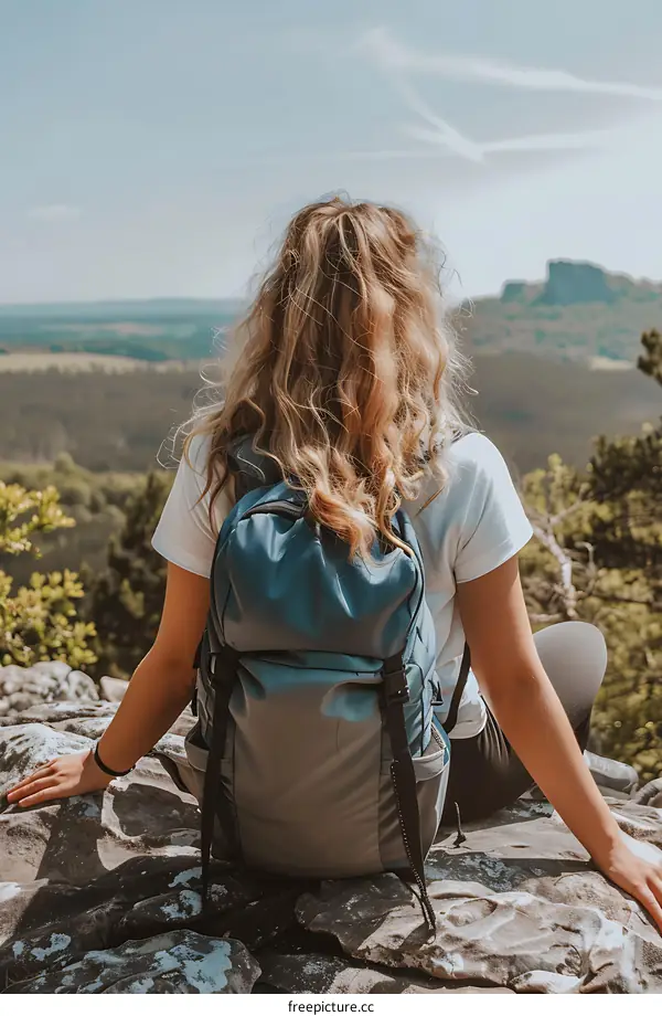 Woman Sitting on a Mountaintop with a Backpack
