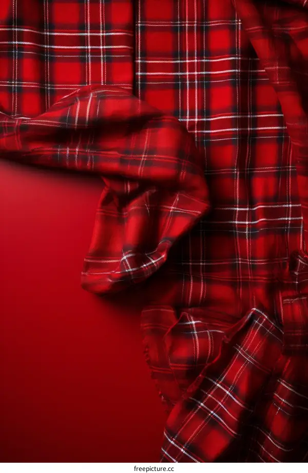 Red and white folded fabric with a tartan pattern