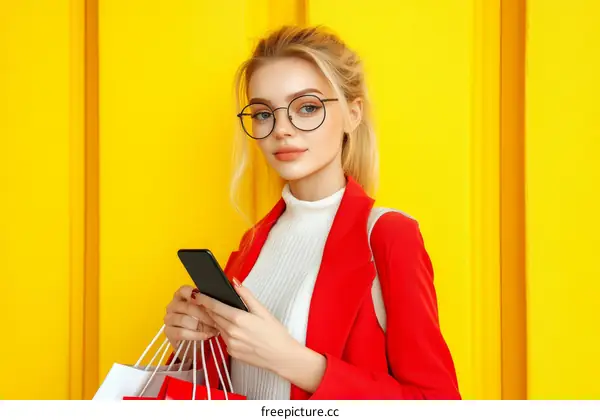Young Caucasian Woman with Shopping Bags and Smartphone