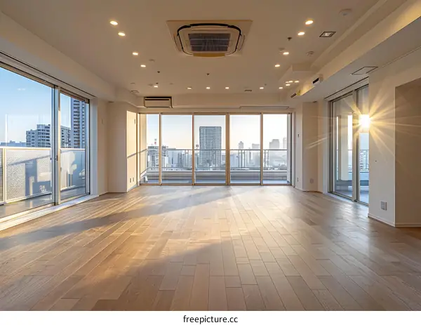 Bright and spacious living room with large windows and a beautiful view of the city