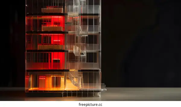 Transparent Building Model with Red and Orange Lights