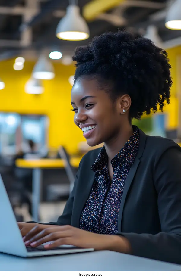Smiling African American Woman Working on a Laptop in a Modern Office
