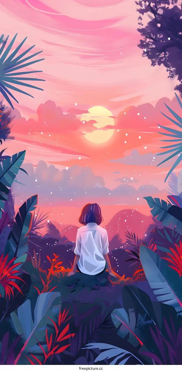 Girl Sitting in a Tropical Forest Under Sunset Sky