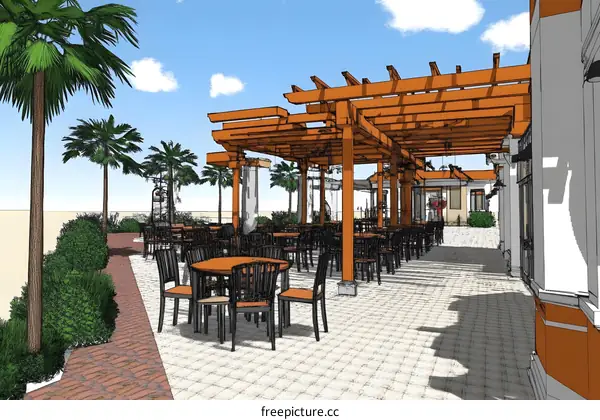 Outdoor Restaurant Design with Wooden Pergola