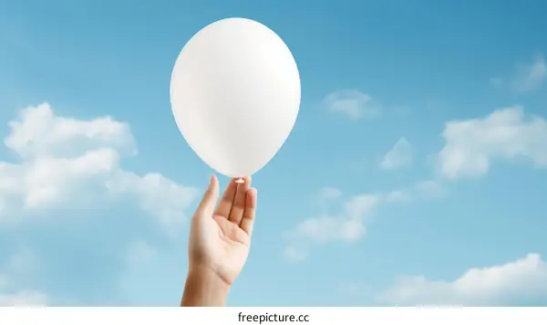 Hand Holding a White Balloon with Blue Sky and Clouds in the Background