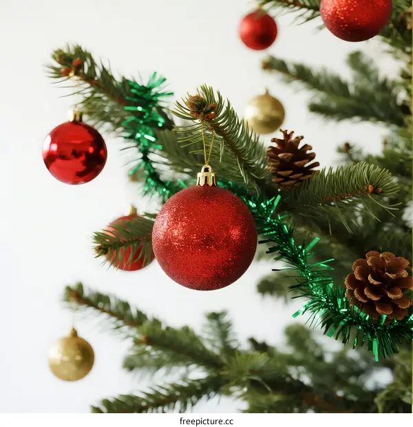 Christmas tree decorated with red balls and pine cones